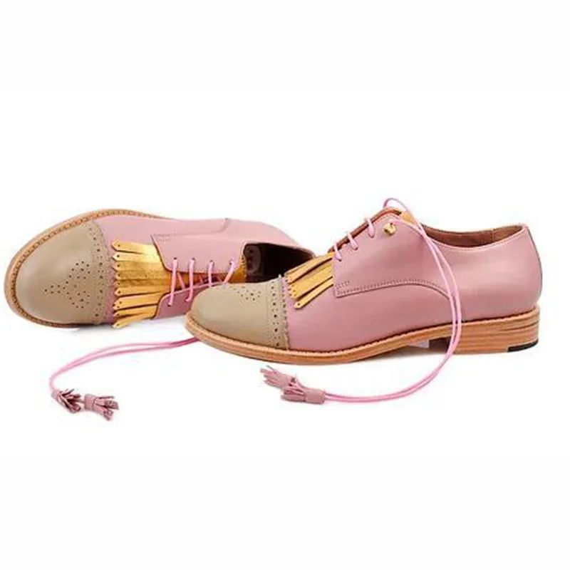 Women Soft Leather Oxfords Hand-made Leisure Lace-up Brogues Wingtips Shoes For Ladies New Arrival Caved Tassel Flats
