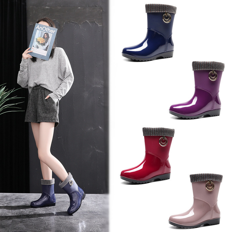 Lady New Women PVC Fur Warm Rain Boots Solid Short Tube Low Heel Female Shoes Adult Waterproof Jelly Rubber Boots Candy Color7jk