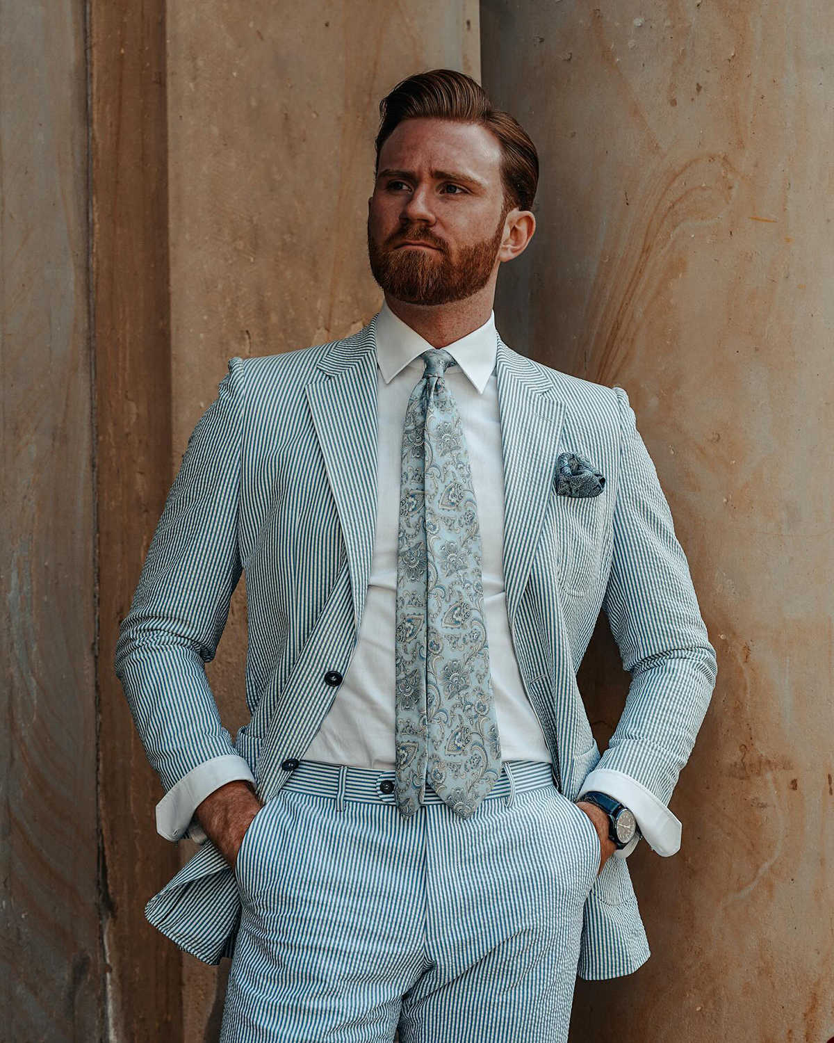 Pinstripe Linen Mens Wedding Tuxedos Notched Lapel Ceremony Groom Wear Party Birthday Pants Suits 2 Pieces
