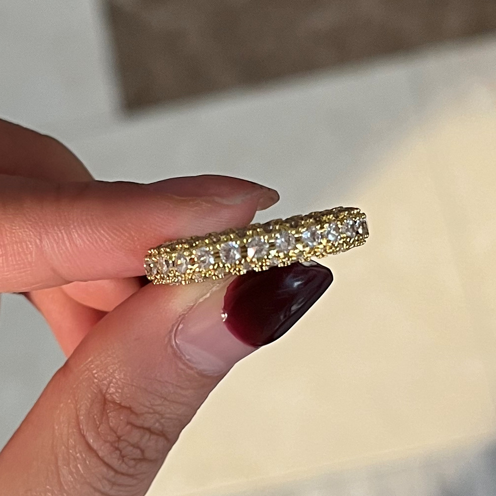 Three Side Iced Out Cubic Zircon Diamond Ring Band Designer Jewelry Crystal Charm Gold Silver Filled Finger Tail Engageement Wed Rings Gift for Woman 