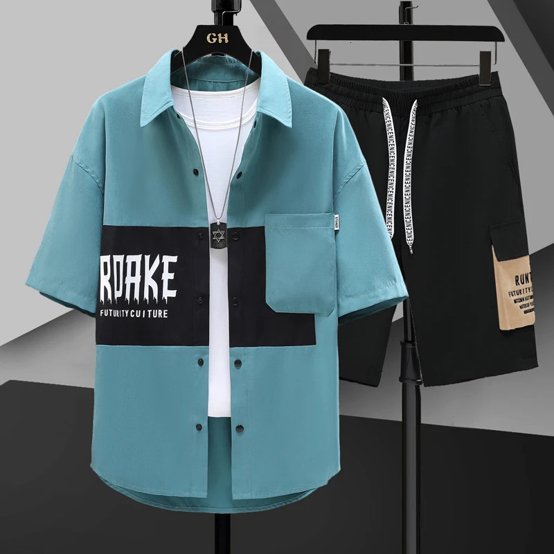 Summer 2 Pieces Set Tracksuit Mens Two Shirt Shorts Harajuku Streetwear Oversized Men Sets Short Outfits Suits 240518