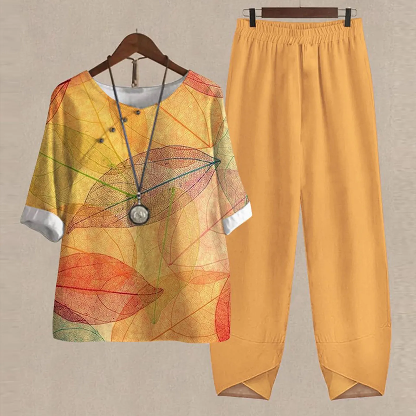 Ladies Two Piece Set Women Elegant O Neck Five Sleeve Printed Blouse Pants Two Piece Loose T Shirt High Waist Loose Pants Suit