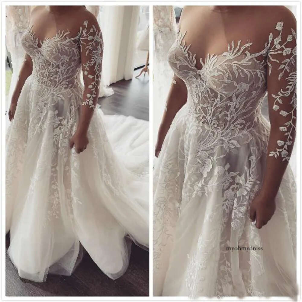 Sexy Cheap Lace Arabic Sheer Neck Long Sleeves Bridal Dresses Aline Tulle Wedding Gowns Zj553 0521