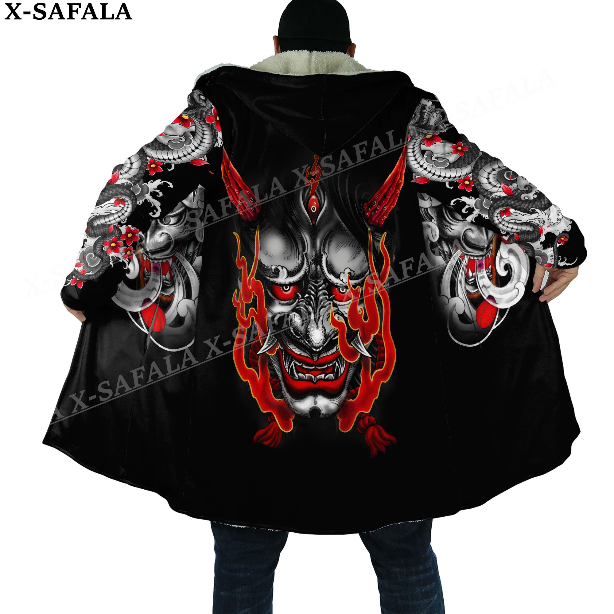 Japan Ninja Warrior Tattoo Samurai Masks Overcoat Coat Printed Thick Warm Hooded Cloak for Men Windproof Fleece Unisex Casual-1