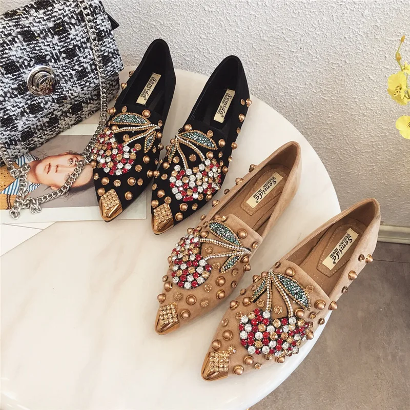 Woman Flats Shoes Rhinestone Cherry 2021 new Spring New Female Metal 2025 Pointed Toe Casual Shoes Comfortable Flat Shoes