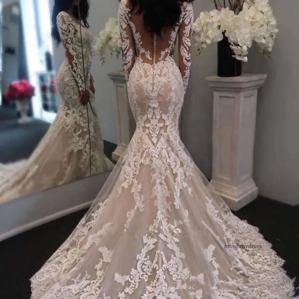 Gorgeous Long Sleeves Lace Appliques Mermaid Wedding Dresses Bridal Gowns Vneck Sheer Button Back Trumpet Vestidos De Novia 0521