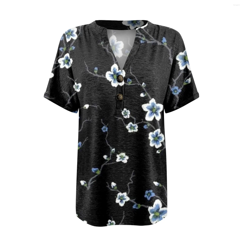Womens T Shirts Summer Clothes For Shirt Blouse Button Vintage Print Short Sleeve Casual Basic Top Pullover Korean Style Cloth