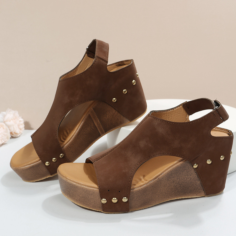 2022 Summer Fish Mouth Rivet Wedge Platform Sandals Women Plus Size Romen Sandals Vintage Wood Grain Sole Sandalias De Mujer