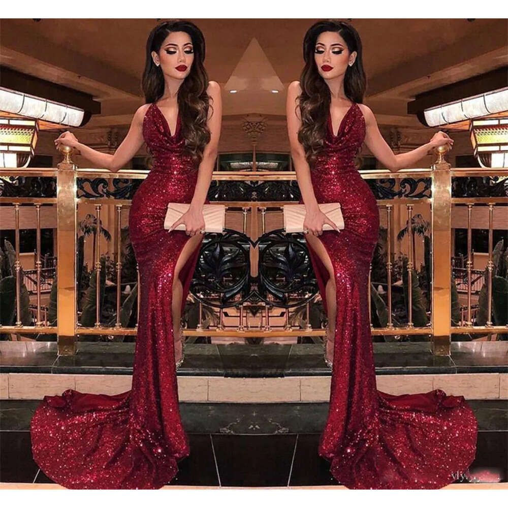 Arabic Bury Sexy V Neck Mermaid Dresses High Slits Sequin Bling Vestidos De Fiesta Dubai Formal Long Evening Party Prom Gowns Bc18914