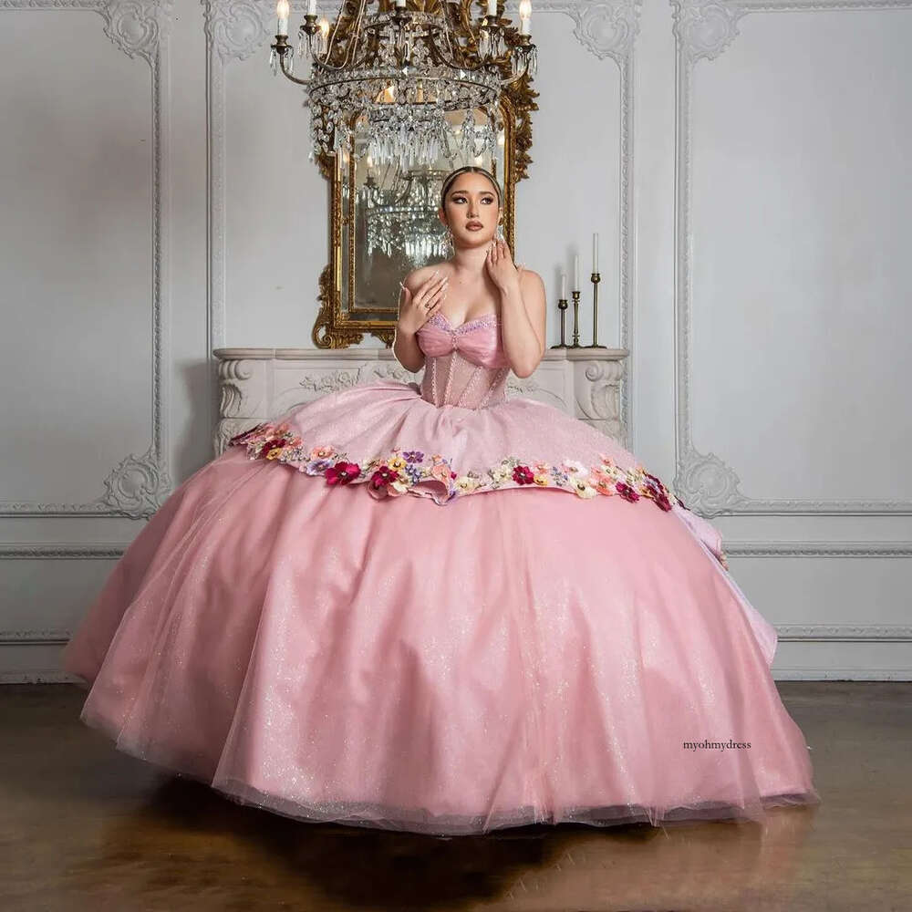 Shiny Pink Quinceanera Dresses 2024 Ball Gowns Appliques Sequined Strapless Sweet 16 Dress Birthday Party Gown 15 Vestidos 0521