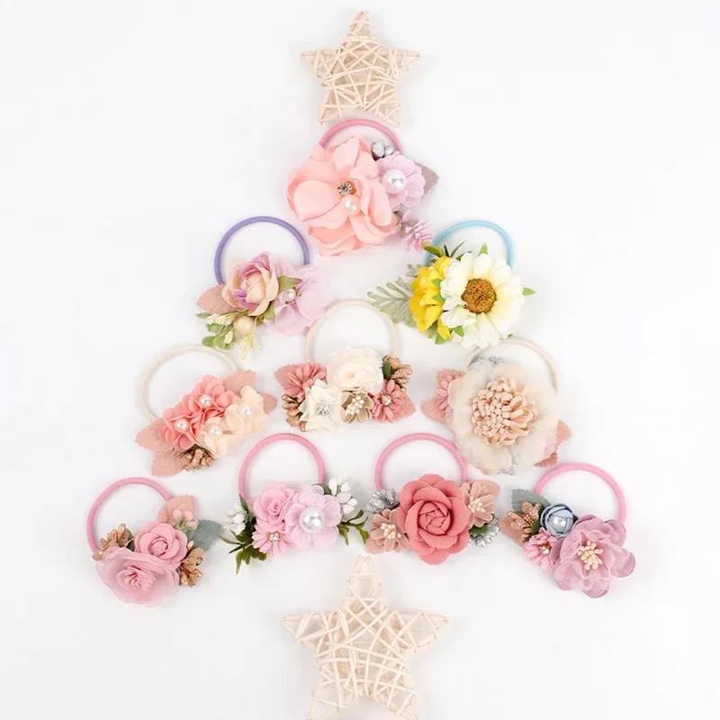 Elastic 2025 Flower Hair Bands for Girls Ponytail Holders Kids Floral Hair Tie Baby new Pearls Hairband Headwear Rubber Hair Accessories