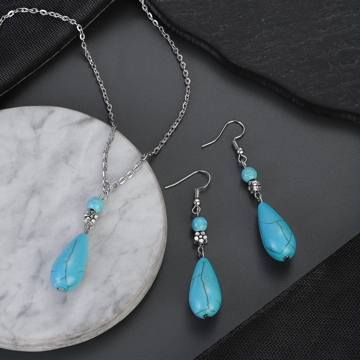 Boho Vintage Natural Stone Green Turquoises Ball Pendant Necklace Choker for Women Water Drop Ethnic Indian Jewelry Set