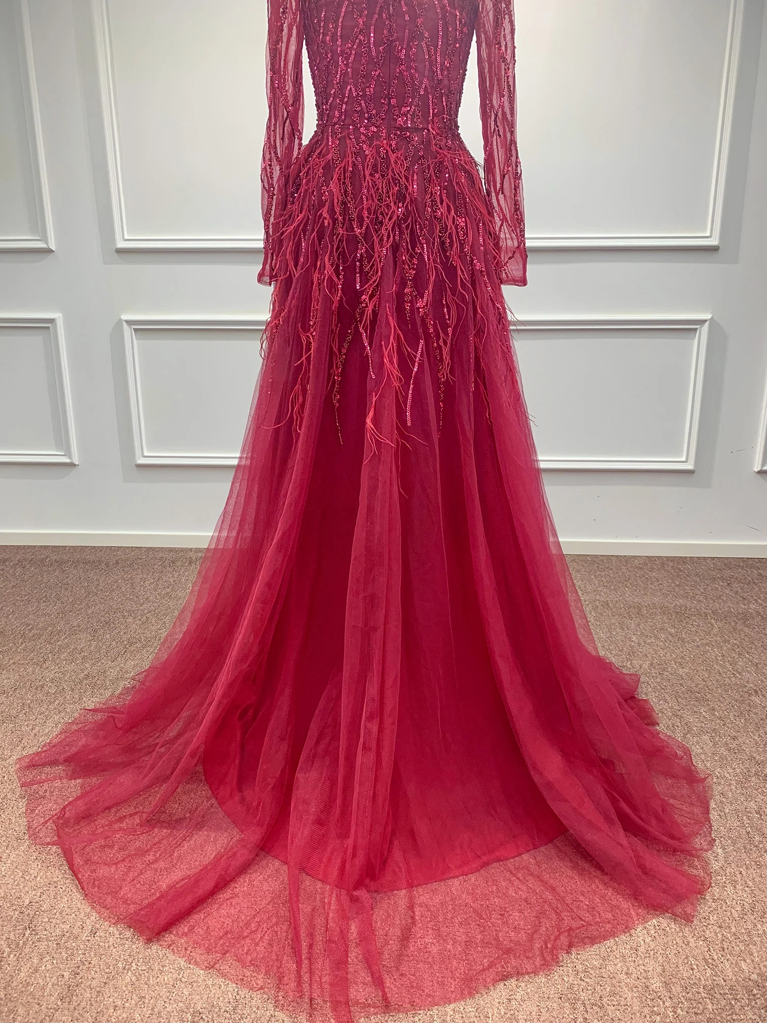 Long Sleeves Luxury Dubai Evening Dresses Women Glitter Sequin 2024 Formal Party Prom Gown High Slit Red Tulle Vestidos Bc18235 B0312