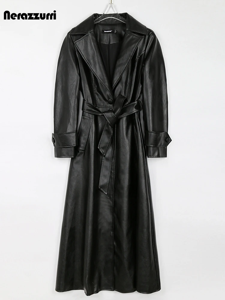 Nerazzurri Spring Autumn Long Fitted Black Pu Leather Trench Coat for Women Sashes Luxury Elegant Plus Size Outerwear 4xl 5xl