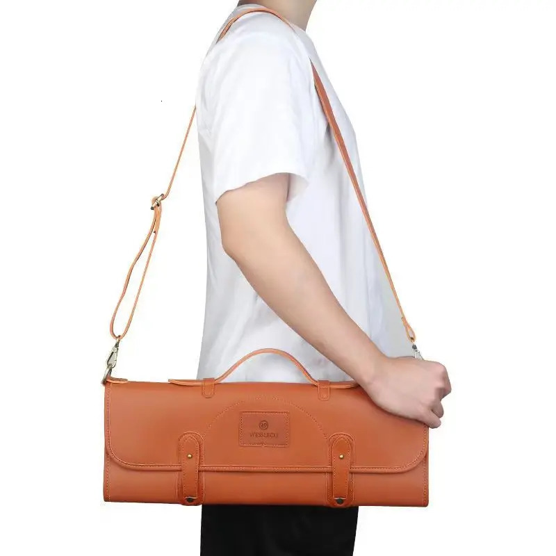 Professional leather chef knife bag roll bag shredder slicer three vine storage bag organizer outdoor barbecue work knife carrying case 240506