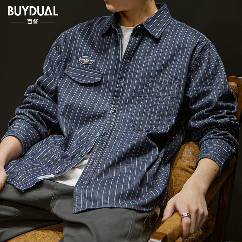 Men's Casual Shirts Bronson Wabash Striped Dotted Work Shirt Traditional Style Men's Work Wear Shoulder Straps Indigo 230408