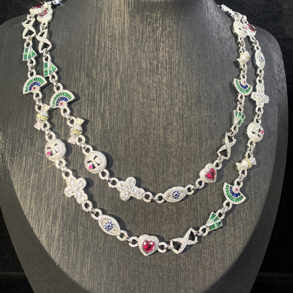 Iced Out Cubic Zirconia Paved Cuban Link Chain Colorful Bling Cz Heart Cross Evil Eye Charm Necklace Hip Hop Jewelry