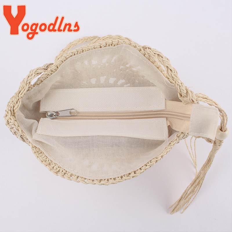Yogodlns Round Soft Paper Rope Shoulder Bag Tassel Summer Beach Handmade Crossbody Bags Women Hollow Straw Bag Circle Rattan Bag