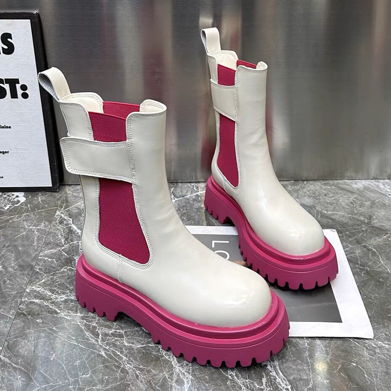 Women's Chunky Platform Ankle Boots 2023 Autumn Mix Color Thick Bottom Booties Woman Slip On Pu Leather Motorcycle Shoes