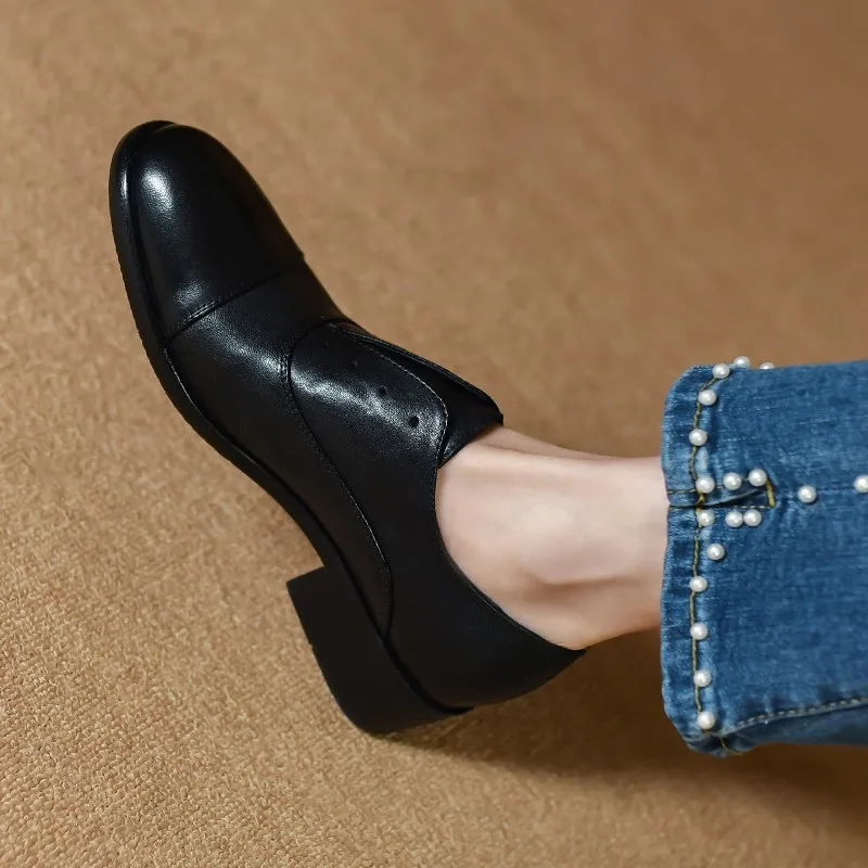 Vintage Round Toe Simple Shoes Ladies Cowhide Soft Leather Flats Low Heel Slip On Quality European OxfordsRetro Shoes For Women