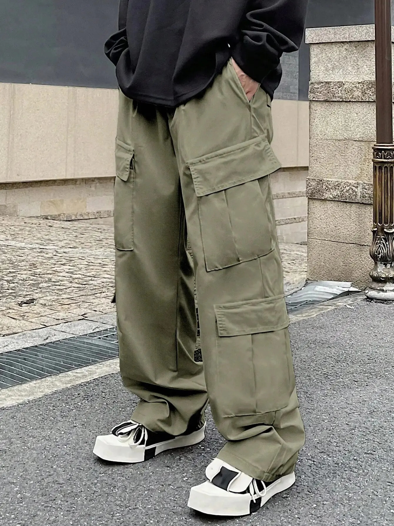 Solid multi flap pocket mens straight leg cargo pants loose casual outdoor pants mens work pants bags and trendy street clothes 240430bj