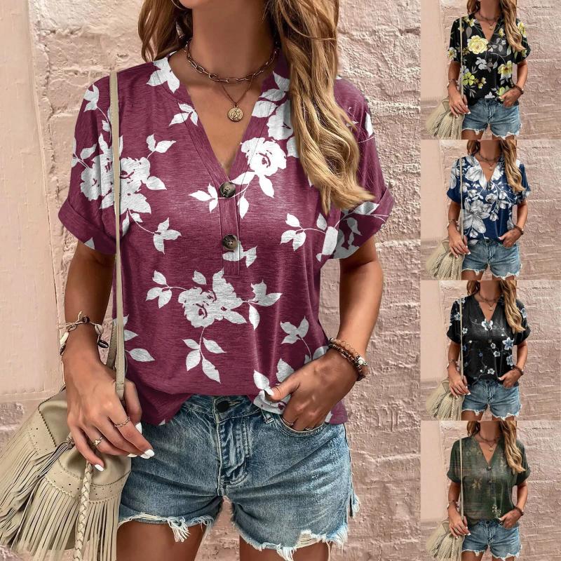 Womens T Shirts Summer Clothes For Shirt Blouse Button Vintage Print Short Sleeve Casual Basic Top Pullover Korean Style Cloth