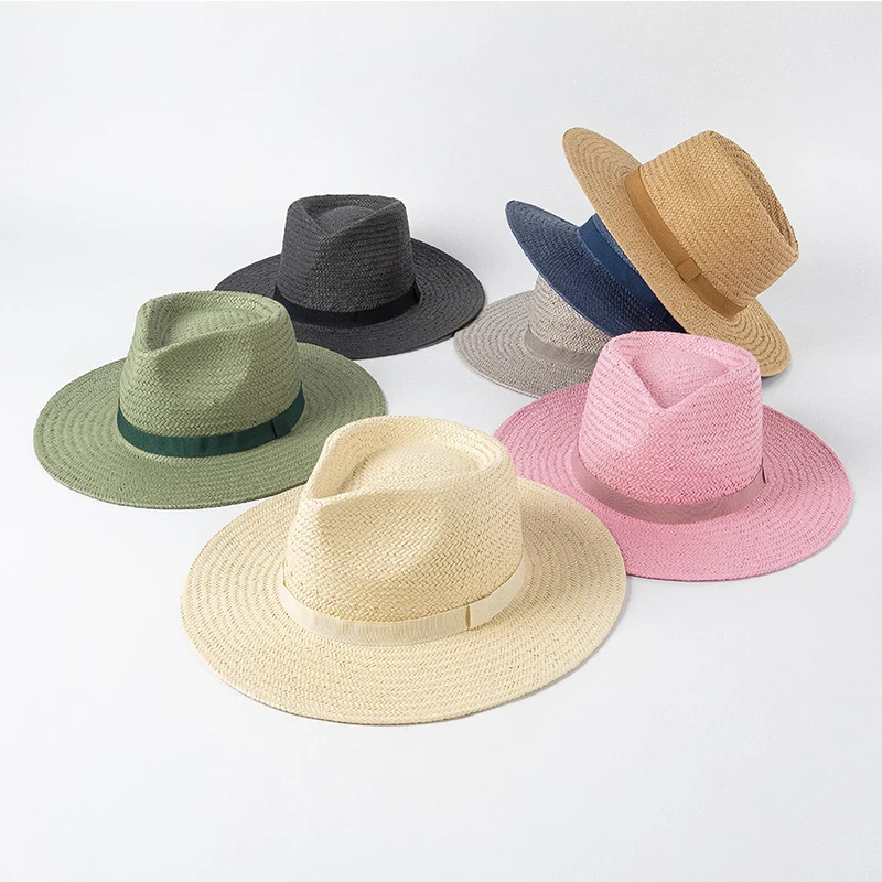 2023 New Plain new Band Panama Straw Hats for Women Summer Beach Hats Wide Brim Sun Hat 2025 Funeral Church Derby Fedora Cap UPF50+