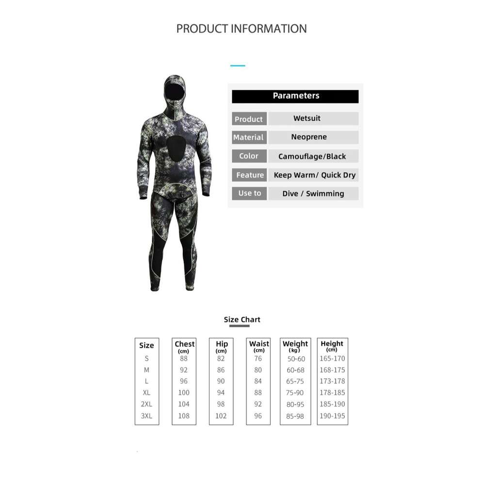 Wetsuit 3mm Camouflage Long Sleeve Fission Hooded 2 Pieces Of Neoprene Submersible For Men Keep Warm Scuba Diving Suit Swimwear H521-210