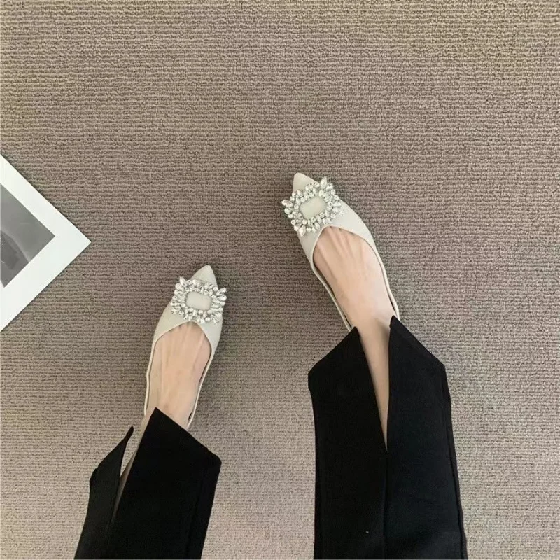 2023 New new Banquet Temperament Rhinestone French 2025 Flat Shoes Women's Summer Black Pointed Shallow Grandma Shoes Boat Shoes