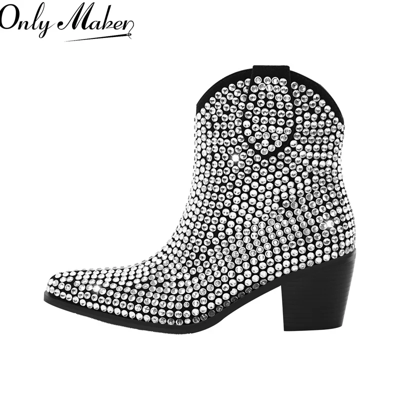 Onlymaker Pointed Toe Rhinestone Ankle Boots Glitter Bling Shiny Super Pretty Gorgeous Artificial Diamond Westen Cowgirl Boots