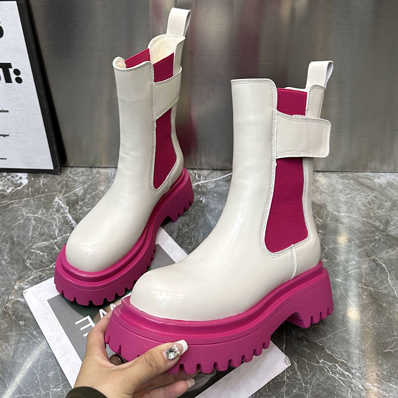 Women's Chunky Platform Ankle Boots 2023 Autumn Mix Color Thick Bottom Booties Woman Slip On Pu Leather Motorcycle Shoes