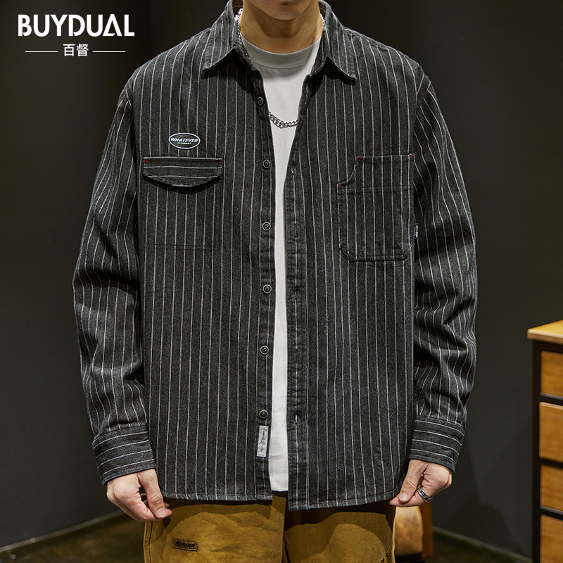Men's Casual Shirts Bronson Wabash Striped Dotted Work Shirt Traditional Style Men's Work Wear Shoulder Straps Indigo 230408