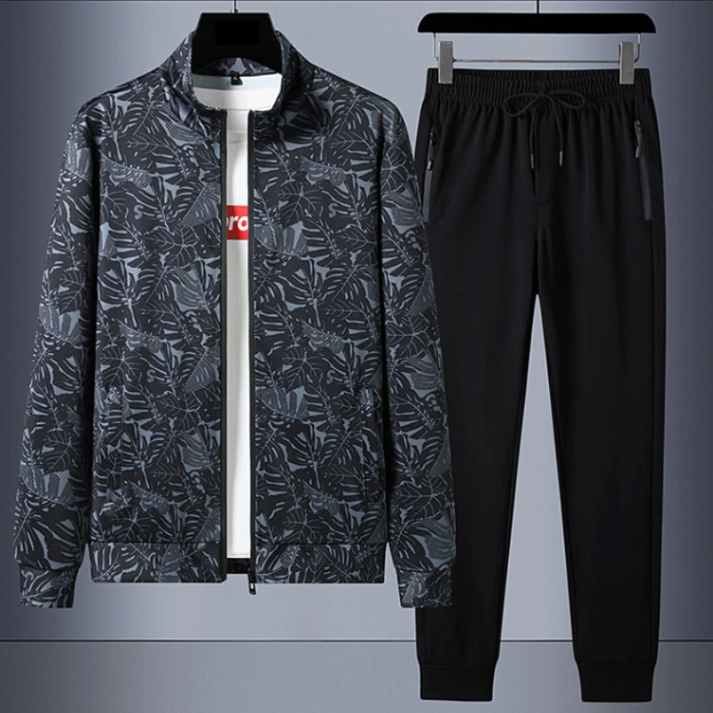 7XL Large Spring Two Piece Youth Sports Set Mens Casual Loose Sweatwear Cardigan Long sleeved Coat Set 240513