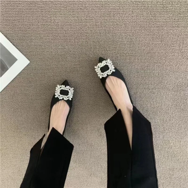 2023 New new Banquet Temperament Rhinestone French 2025 Flat Shoes Women's Summer Black Pointed Shallow Grandma Shoes Boat Shoes