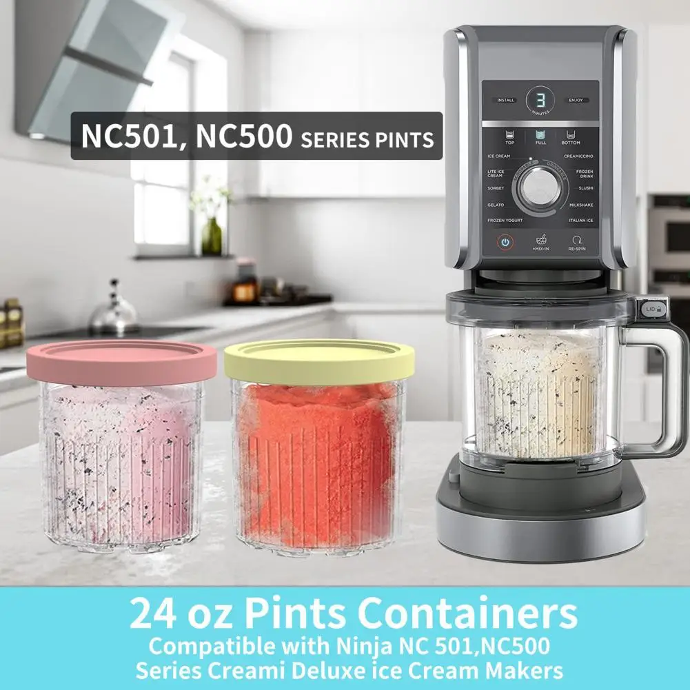 Ice Cream Containers 4 Pack, 2024 Leakproof Freezer Pints with Lids for Ninja Creami NC501 NC500 Series, BPA-Free Plastic Pint Containers, Multicolor