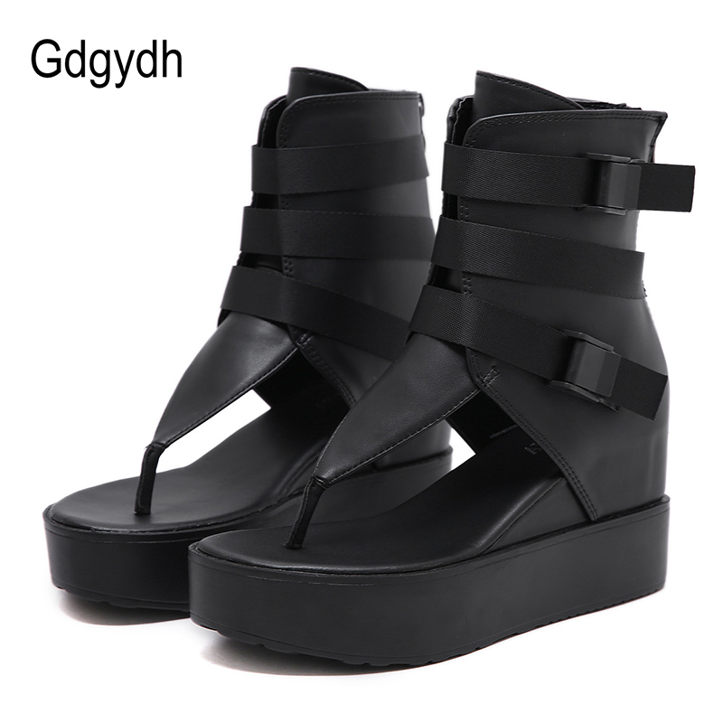 Gdgydh Platform Flip Flops Women Beach Sandals Ankle Strap Wedges Shoes For Summer Black Leather Vintage European American Zip