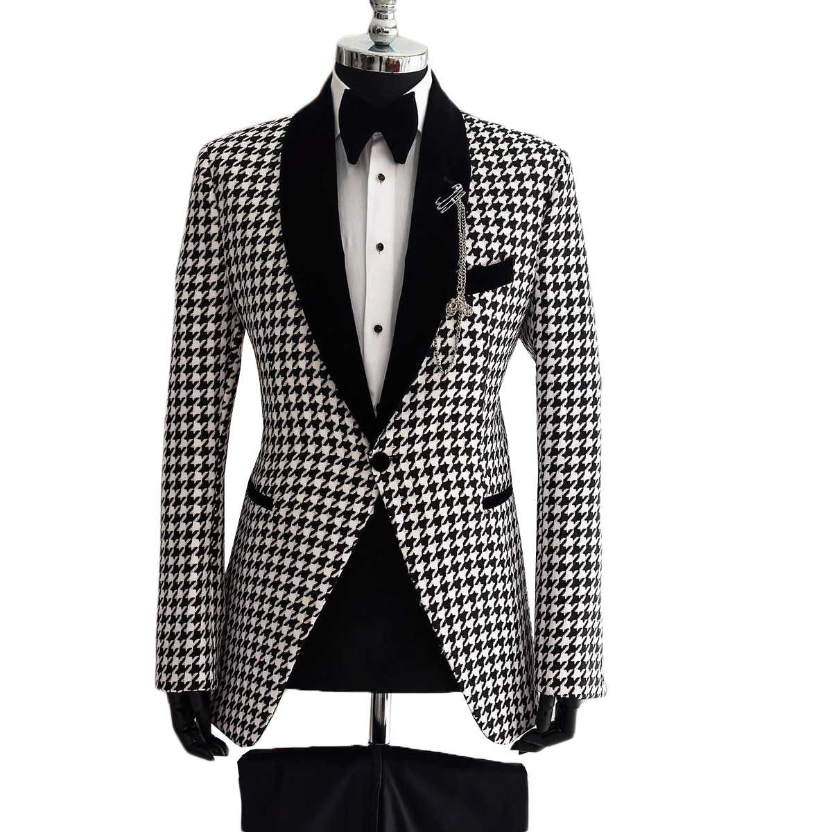 White Plaid Mens Wedding Tuxedos Shawl Lapel Ceremony Groom Wear Party Birthday Black Pants Suits 2 Pieces