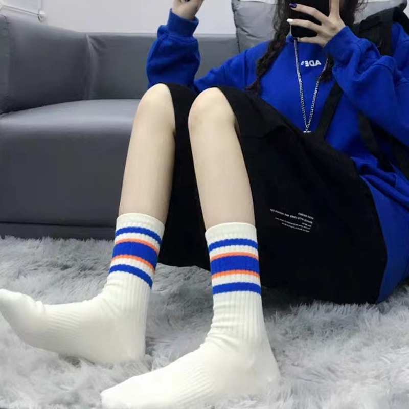 OC-Vinda P6001 Medium Length Athletic Women's Seasonal Thin Cotton Socks Sports Colored Fashionable Horizontal Stripes Young Students on Campus