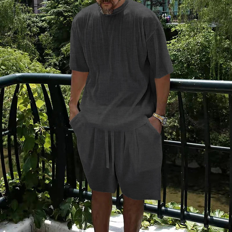 Spring Summer Casual Mens Striped Two Piece Set Clothing Short Sleeve O Neck T Shirt Shorts Suit Men Fashion Streetwear 240518