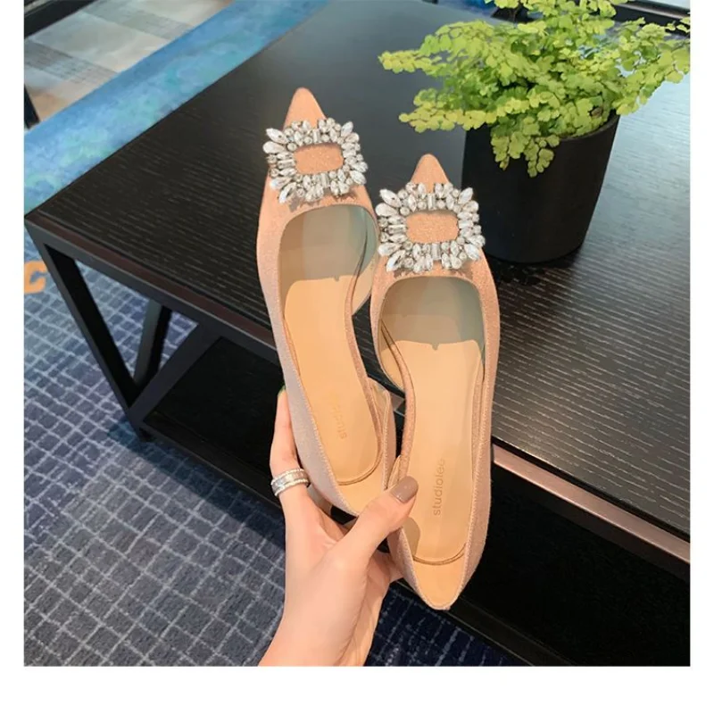 Pointed 2025 Flat Shoes Women's Side Empty Shallow Water Drill new Square Buckle Gentle Temperament Ladies Summer Boutique Women's Shoes