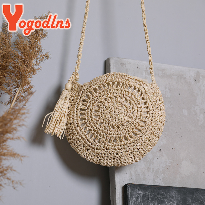 Yogodlns Round Soft Paper Rope Shoulder Bag Tassel Summer Beach Handmade Crossbody Bags Women Hollow Straw Bag Circle Rattan Bag