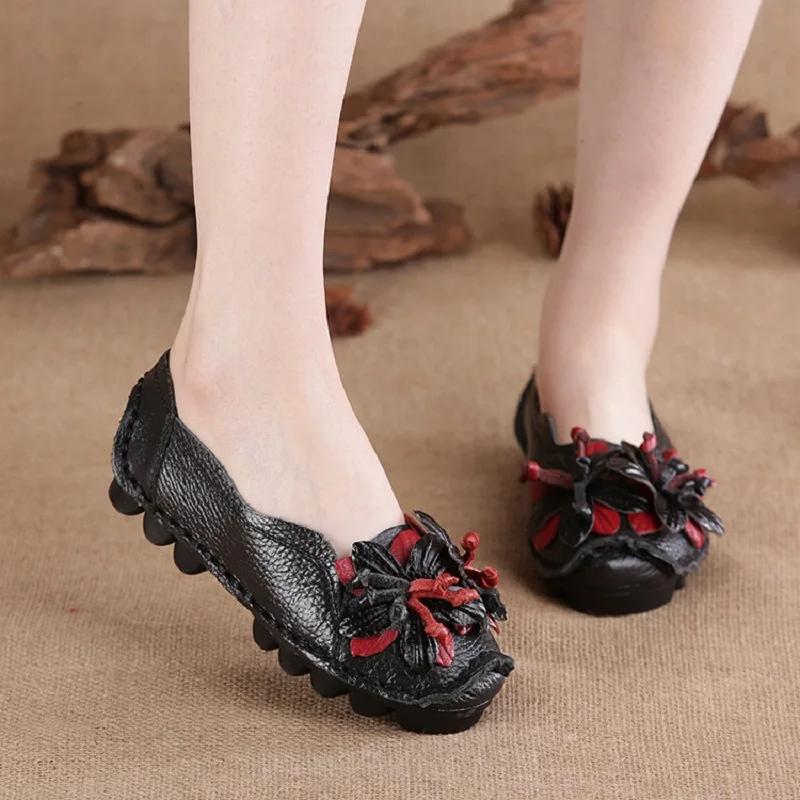 Retro Shoes Platform Flats Women's Floral Ballet Shoes Ladies Real Leather Loafers Woman Lug Sole Shockproof Moccasins Blue Shoe
