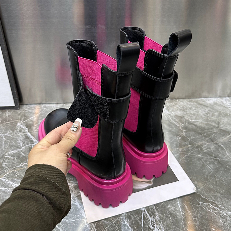 Women's Chunky Platform Ankle Boots 2023 Autumn Mix Color Thick Bottom Booties Woman Slip On Pu Leather Motorcycle Shoes