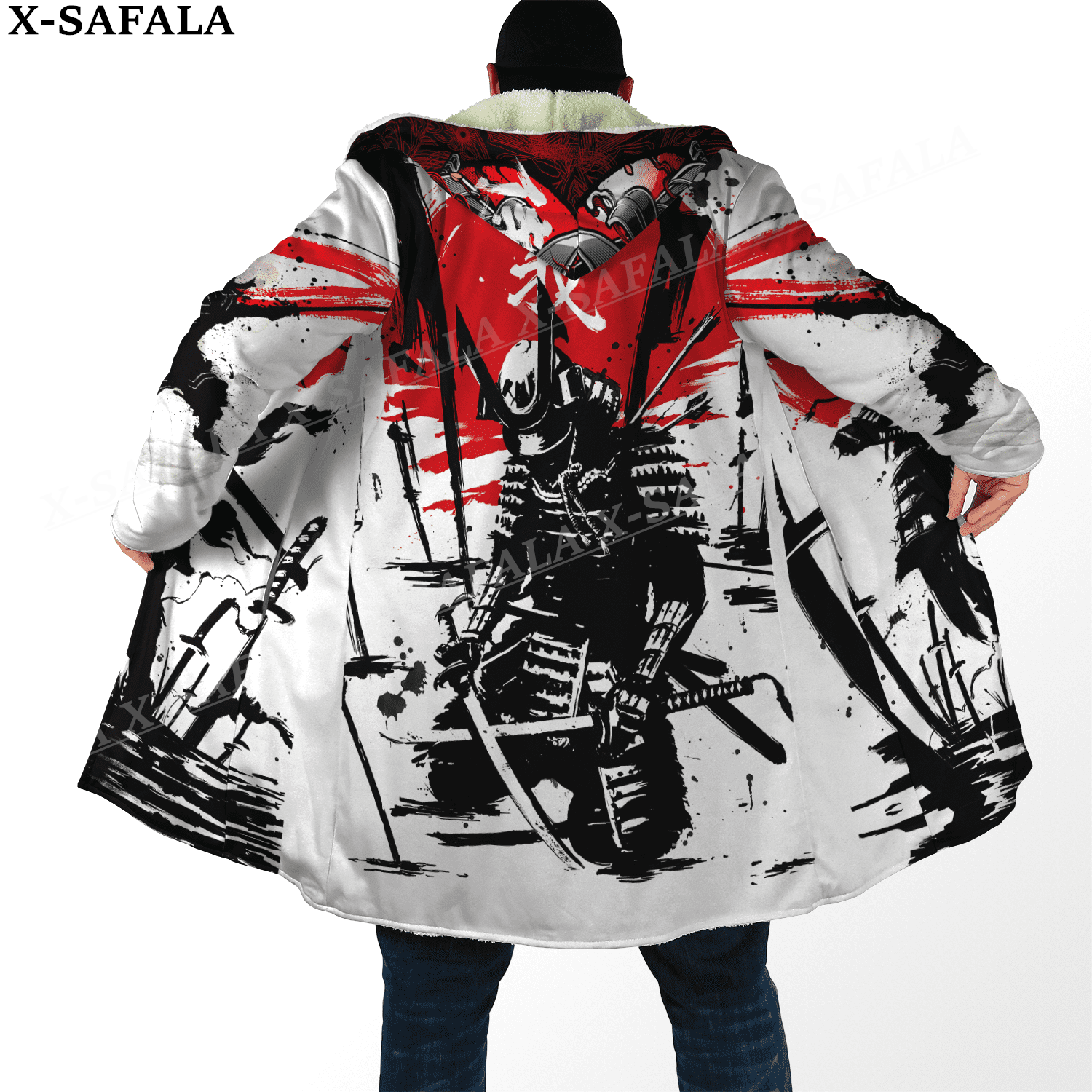 Japan Ninja Warrior Tattoo Samurai Masks Overcoat Coat Printed Thick Warm Hooded Cloak for Men Windproof Fleece Unisex Casual-1
