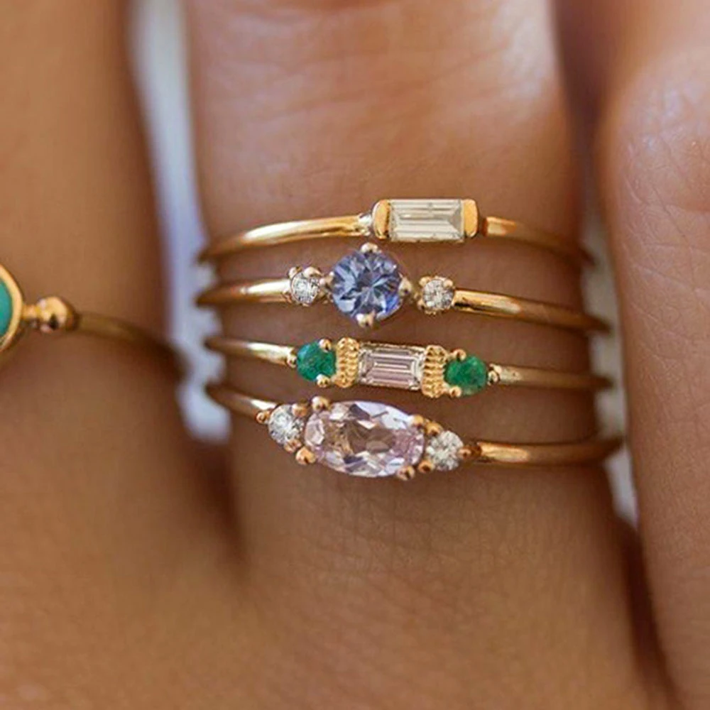IFMIA 4 Pcs/set Colorful Crystal Gold Color Rings Vintage Women Engagement Party Ring Set for Woman Wedding Jewelry Gifts