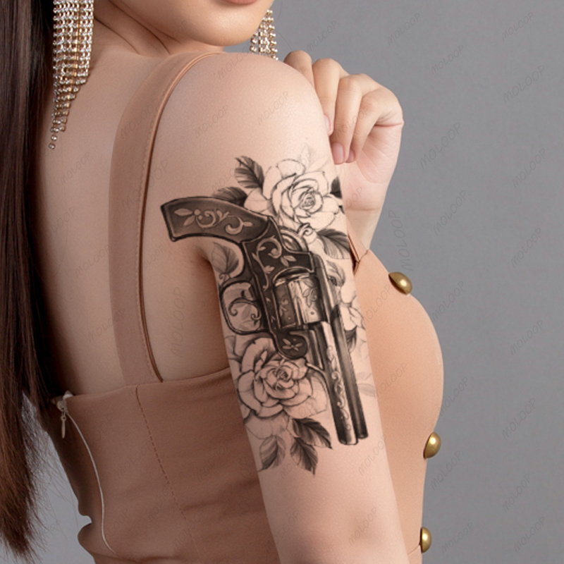 Black Gun Vine Pattern Tattoos Sticker for Men Women Arm Legs Art Waterproof Temporary Tattoos Fake Rose Flowers Leaves Tatoos