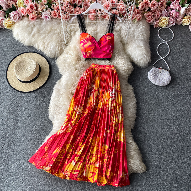 Two Piece Dress Summer Bohemian Set Women Floral Printed Short Cup Padded Lace Stitching Crop TopsHigh Waist Pleated Maxi Skirt 230209