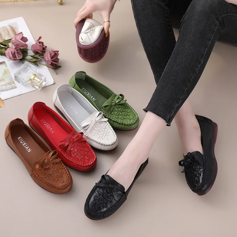 Genuine Leather weave style Women Shoes Ladies Round Toe Casual Comfort 2025 female soft sole Flats walking footwear new Spring Summer