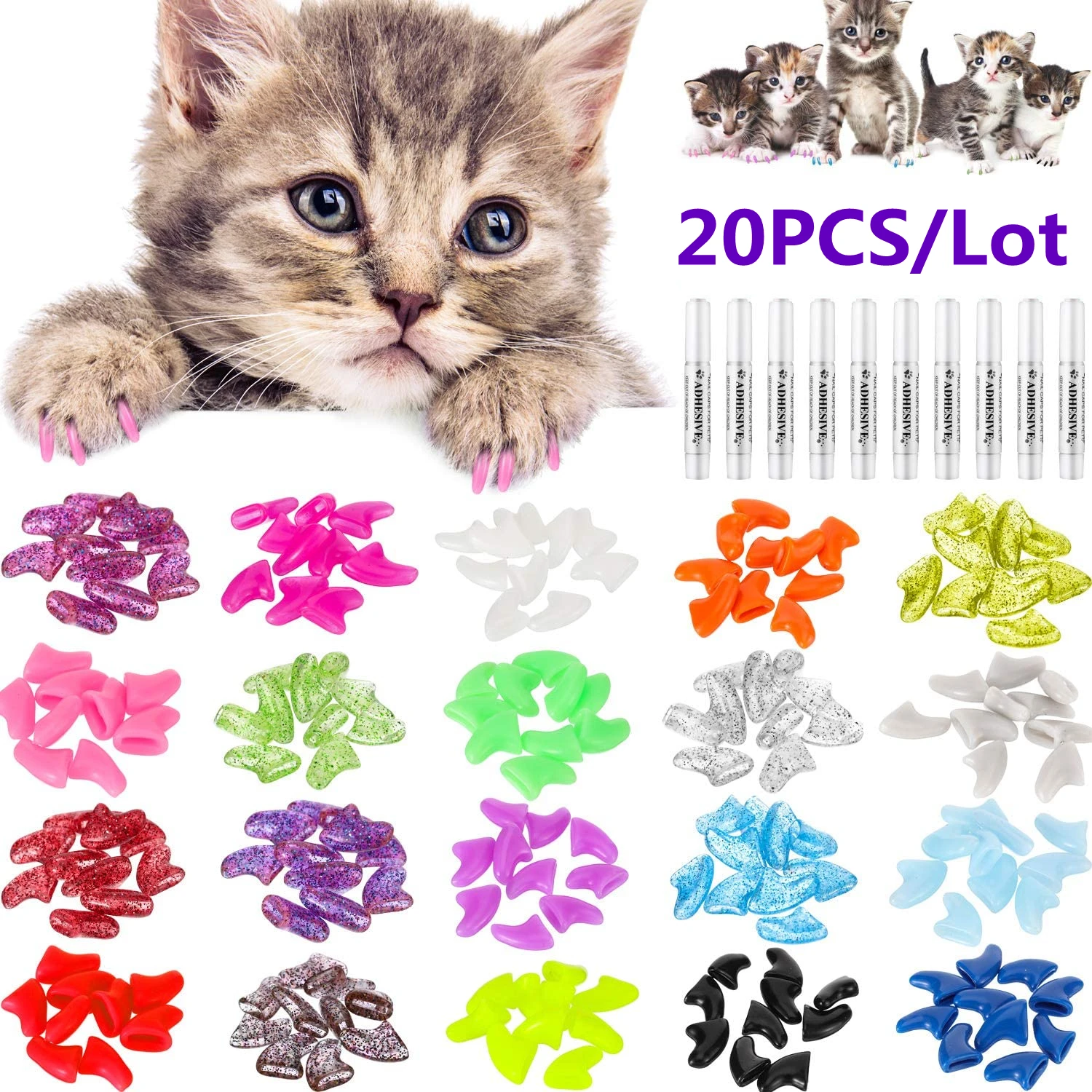 New FASHION colorful Cat 2025 Nail Caps soft cat Claw Soft Paws 20 PCS/lot with free Adhesive Glue Size XS S new M LGift for pet