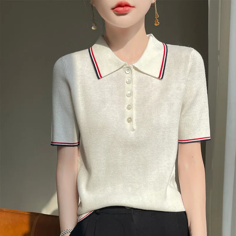 Womens Polo Collar Color Blocking Pullover T-shirt Wool Cotton Short-sleeved Tees Sweater Summer Fashion Knitted Bottoming Tops 240518
